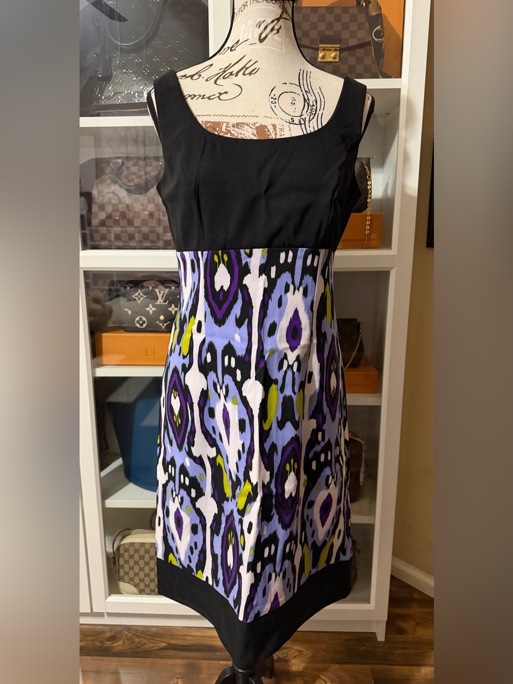 Scarlett Black Bodice Mini Dress with Purple, White & Lime Ikat Print